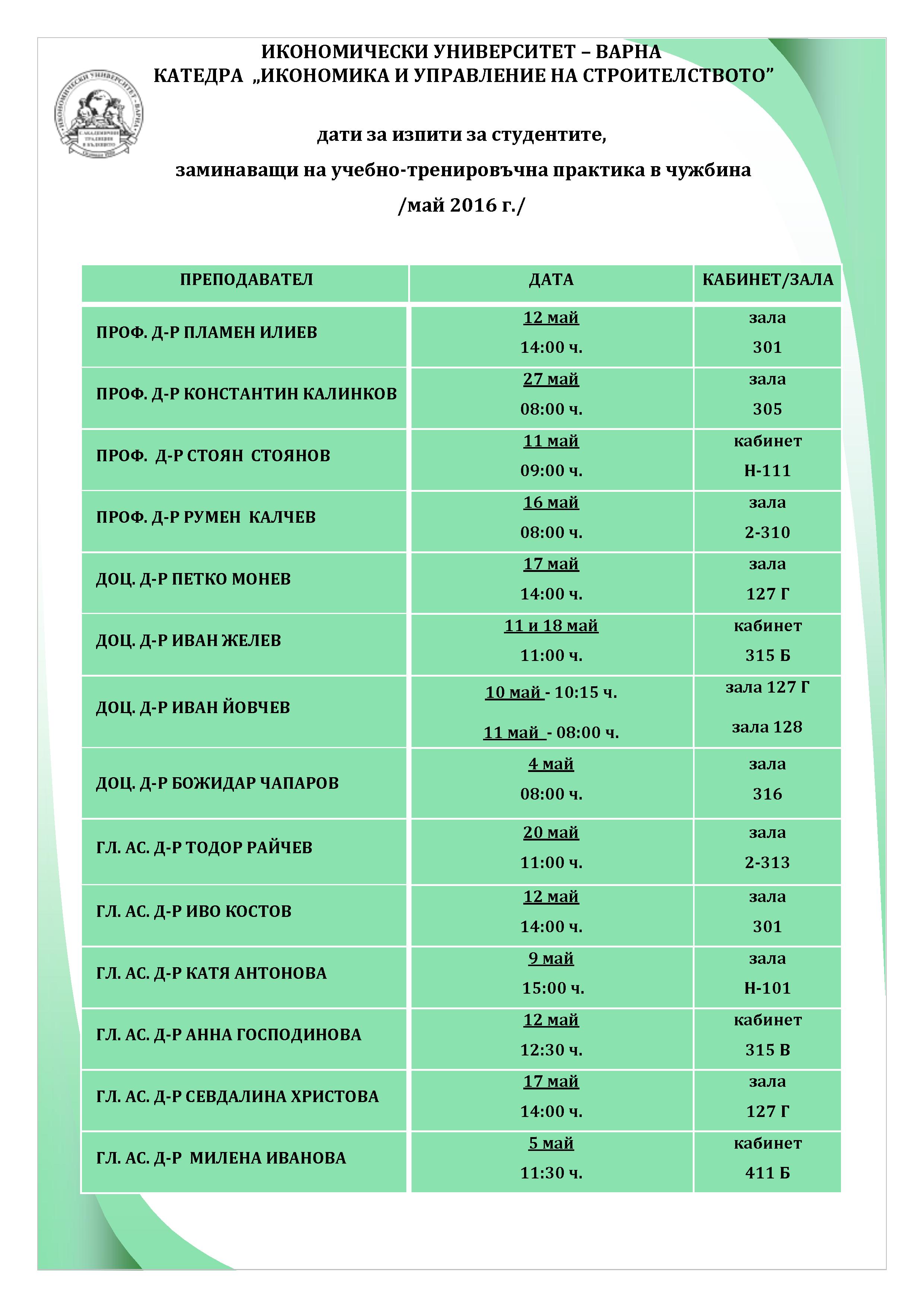 Дати за изпити на студенти, заминаващи на учебно-тренировъчна практика в чужбина /май 2016 г./